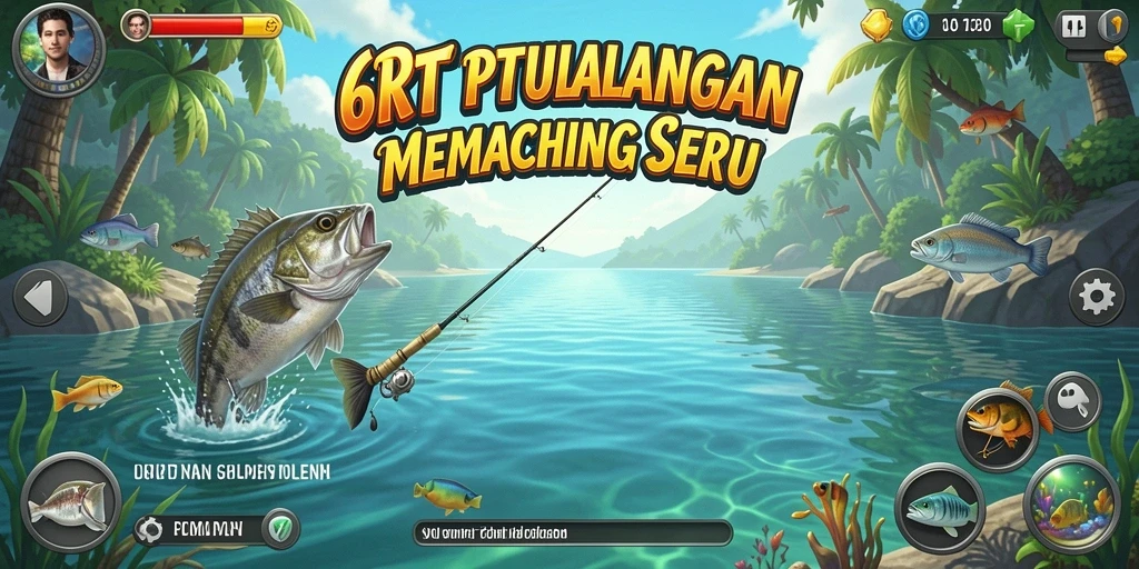 Screenshot menampilkan pemain menangkap ikan besar di danau yang indah.