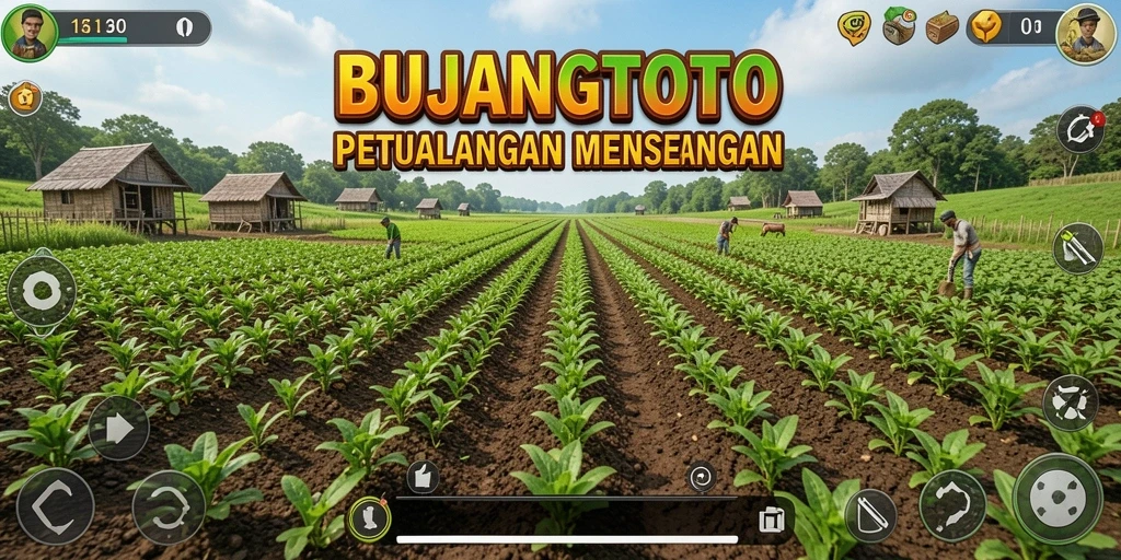 Screenshot gameplay BUJANGTOTO menampilkan kebun yang subur dan penuh warna.