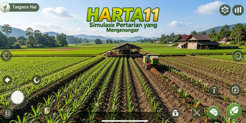Screenshot utama HARTA11 yang menampilkan aktivitas bertani yang seru.