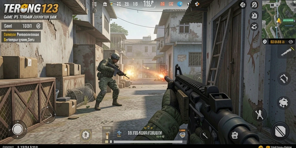 Screenshot menunjukkan aksi intens dalam gameplay FPS TERONG123.